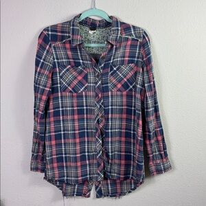 We the Free Plaid Boho Button Down Shirt Blue Coral Pink Grey size Small